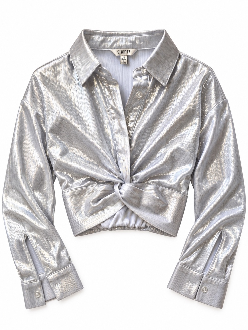 Shop17 Metallic Silver Twist Front Crop Blouse Top Small
